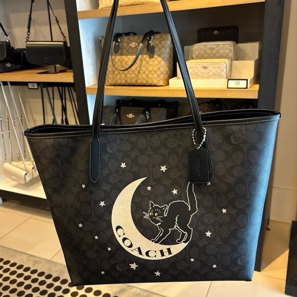Coach Gray and Black Cat Moon Tote - Picture 1 of 7